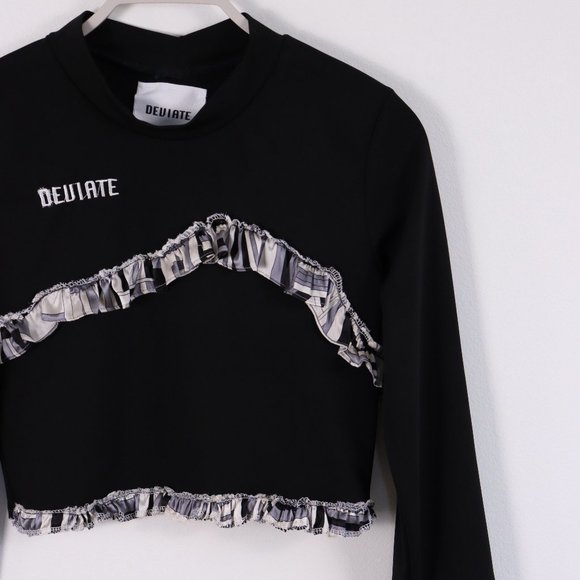 Black Ruffled Mock Neck Crop Top with Embroidery - SMALL - Picture 3 of 5